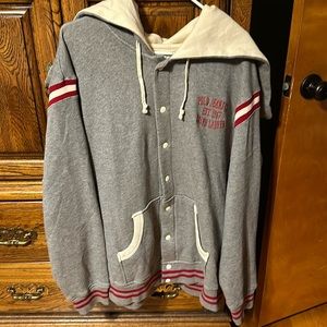 Men's used heavy polo button up jacket with hood and pockets